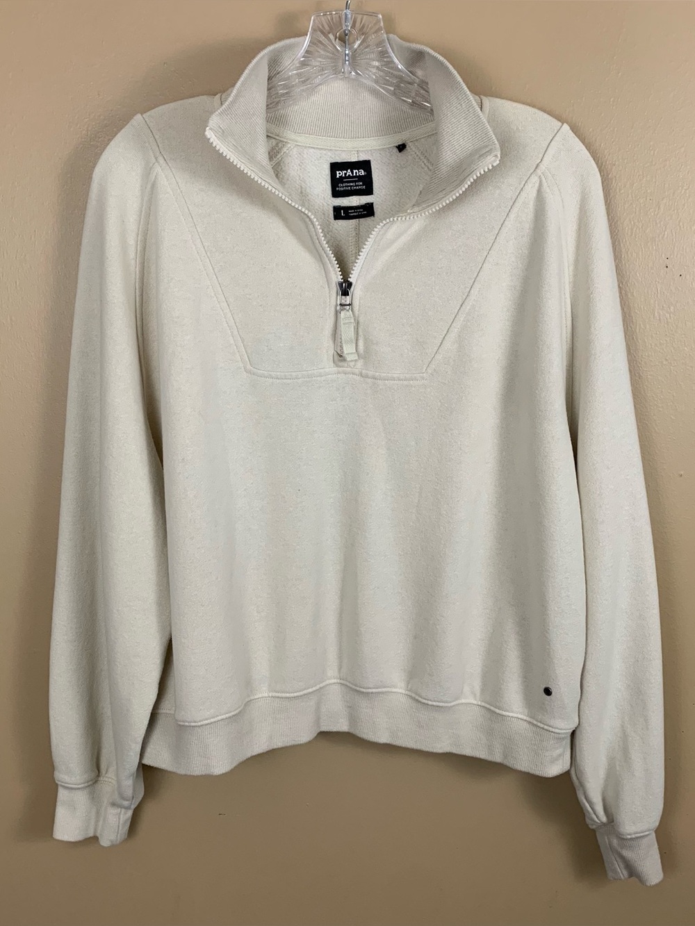 PrAna Cozy Up Sweater Womens Large Canvas Heather Quarter Zip Outdoor Pullover